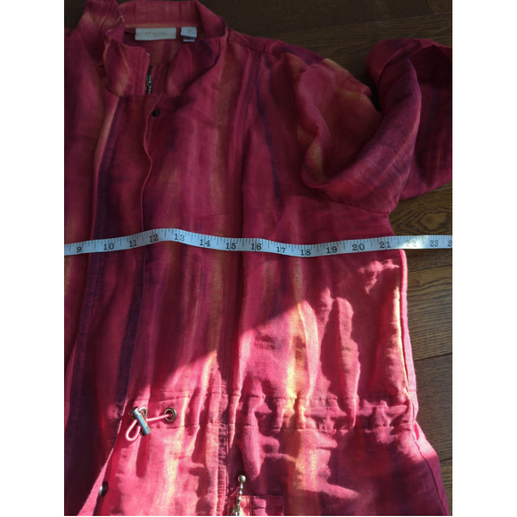 Chico's Women Linen Jacket Pink Art to Wear Abstract Cinch Waist Sz 2 Windbreake - Picture 8 of 9